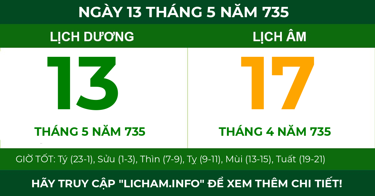 lịch âm ngày 13 tháng 5 năm 735