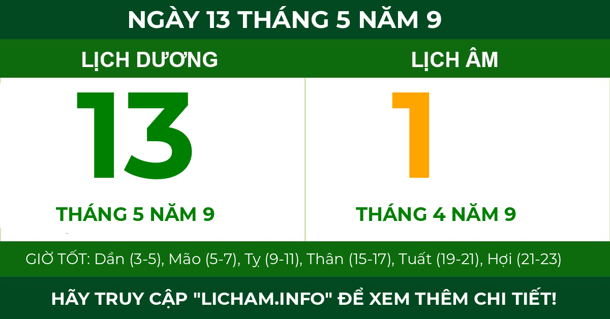lịch âm ngày 13 tháng 5 năm 9