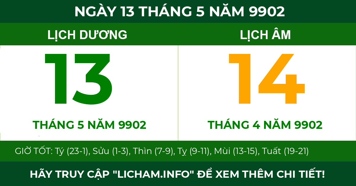 lịch âm ngày 13 tháng 5 năm 9902