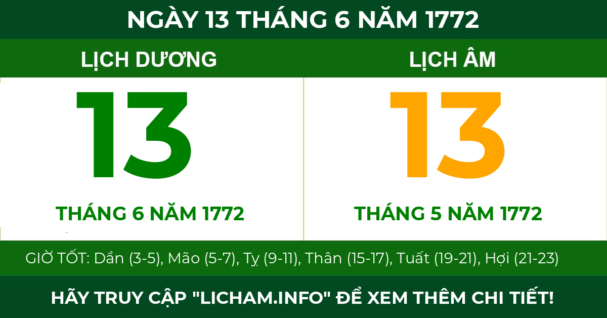 lịch âm ngày 13 tháng 6 năm 1772