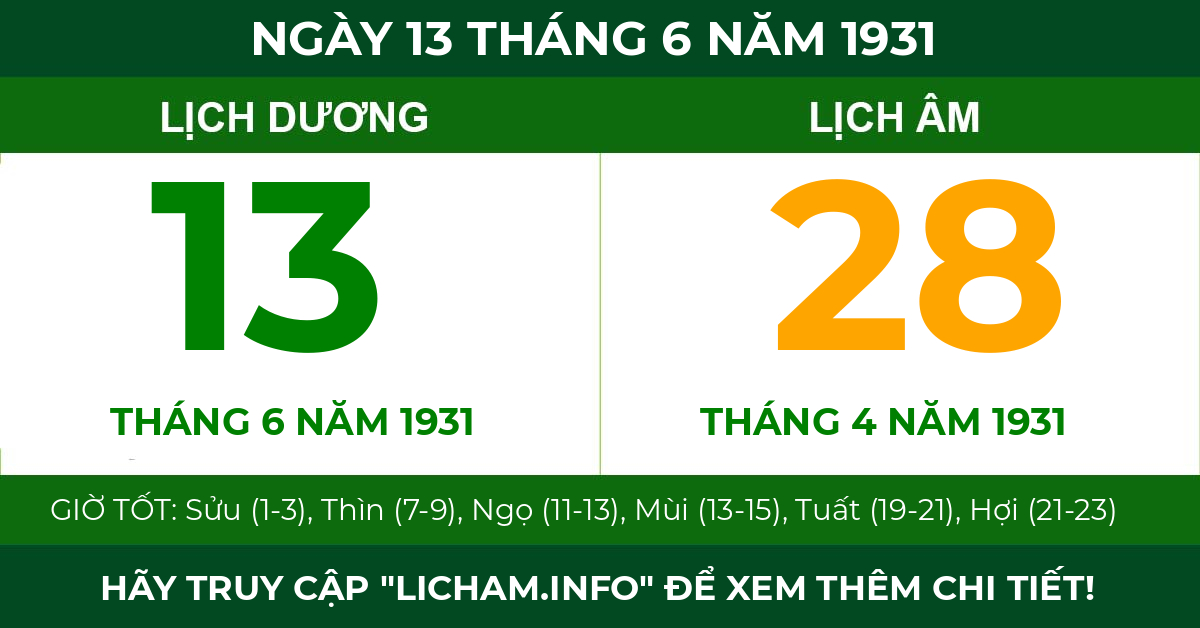 lịch âm ngày 13 tháng 6 năm 1931