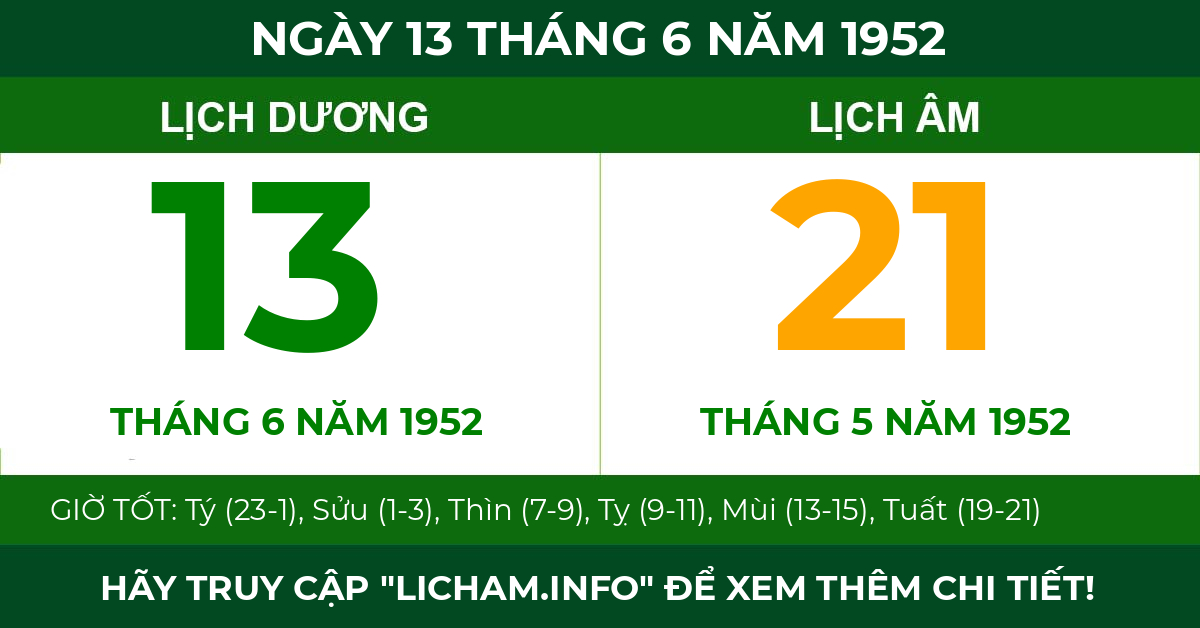 lịch âm ngày 13 tháng 6 năm 1952