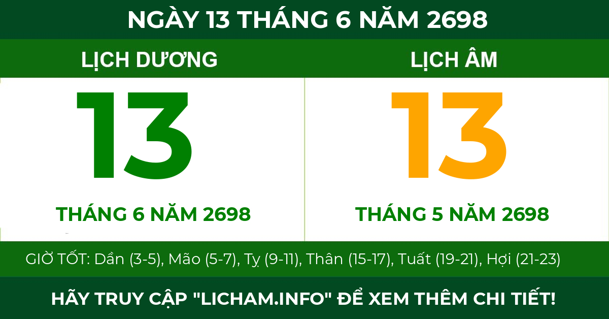 lịch âm ngày 13 tháng 6 năm 2698