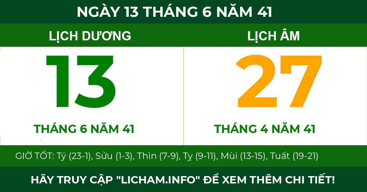 lịch âm ngày 13 tháng 6 năm 41
