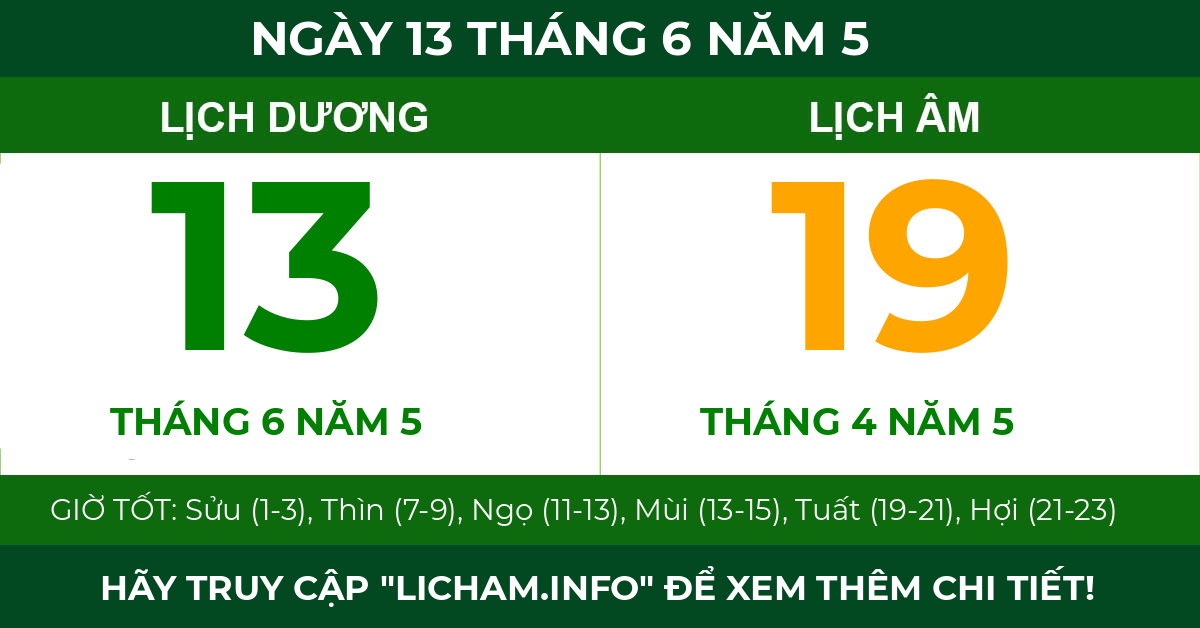 lịch âm ngày 13 tháng 6 năm 5