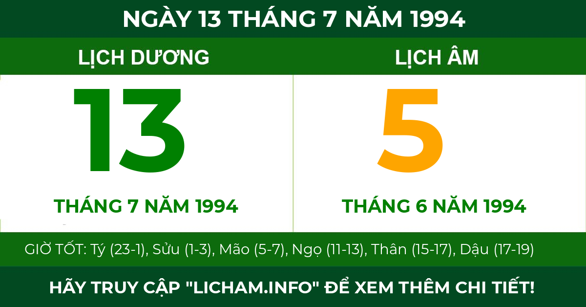 lịch âm ngày 13 tháng 7 năm 1994