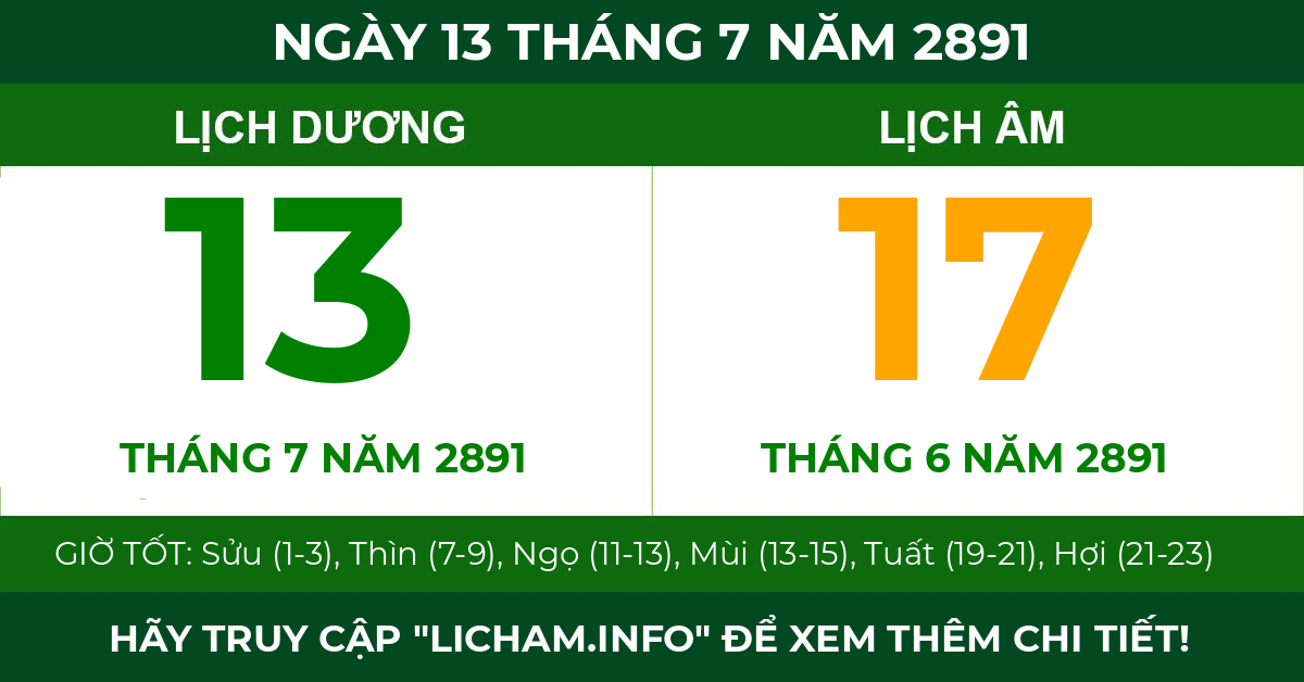lịch âm ngày 13 tháng 7 năm 2891