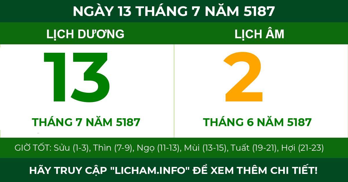 lịch âm ngày 13 tháng 7 năm 5187