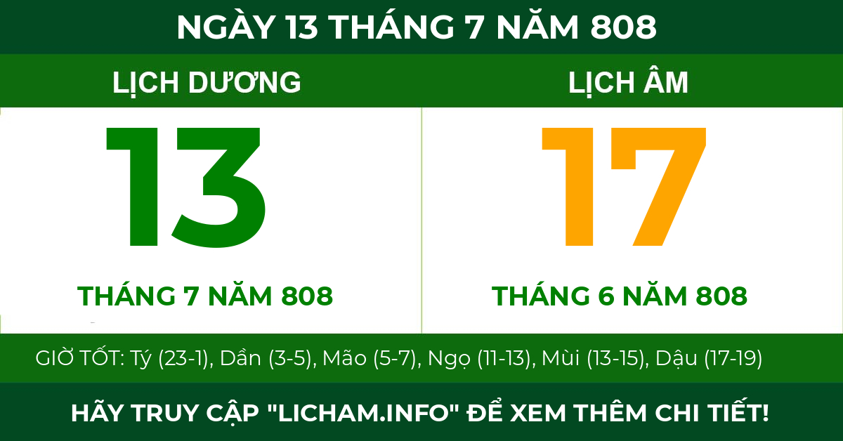 lịch âm ngày 13 tháng 7 năm 808