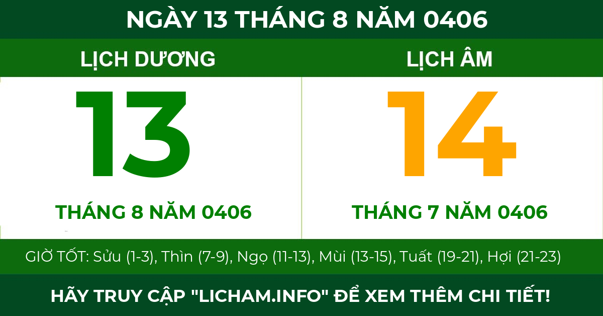 lịch âm ngày 13 tháng 8 năm 0406