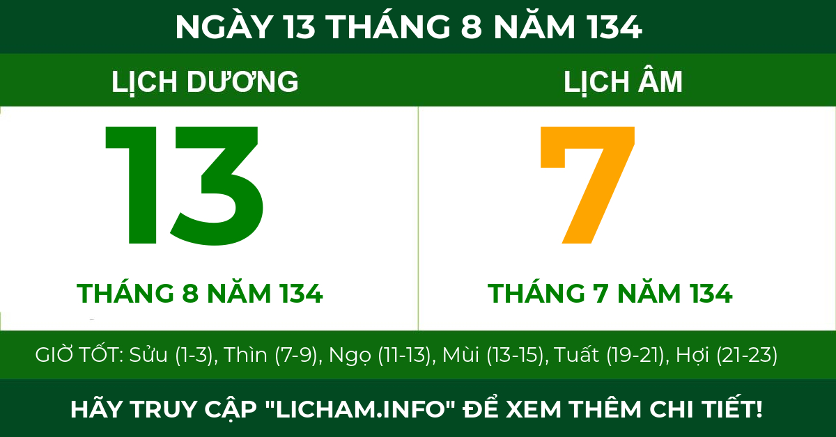 lịch âm ngày 13 tháng 8 năm 134