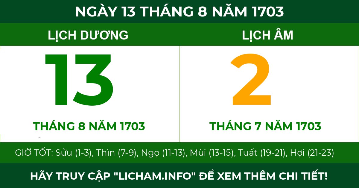 lịch âm ngày 13 tháng 8 năm 1703