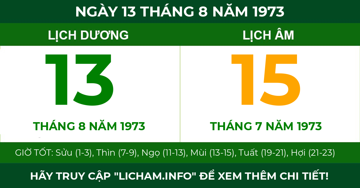 lịch âm ngày 13 tháng 8 năm 1973