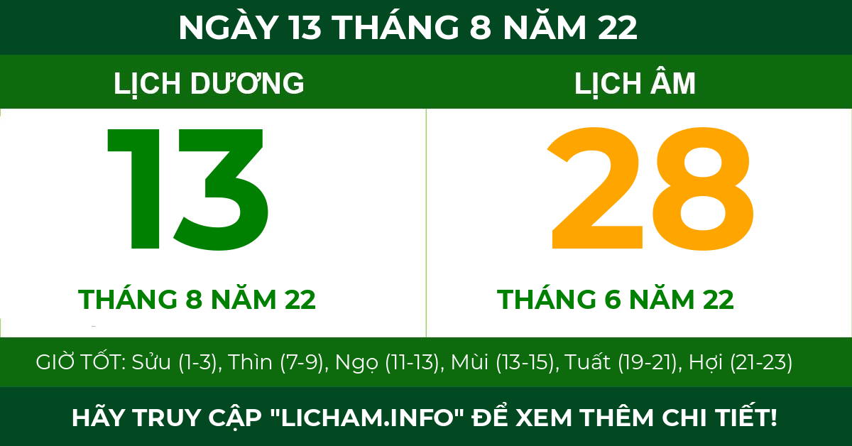 lịch âm ngày 13 tháng 8 năm 22