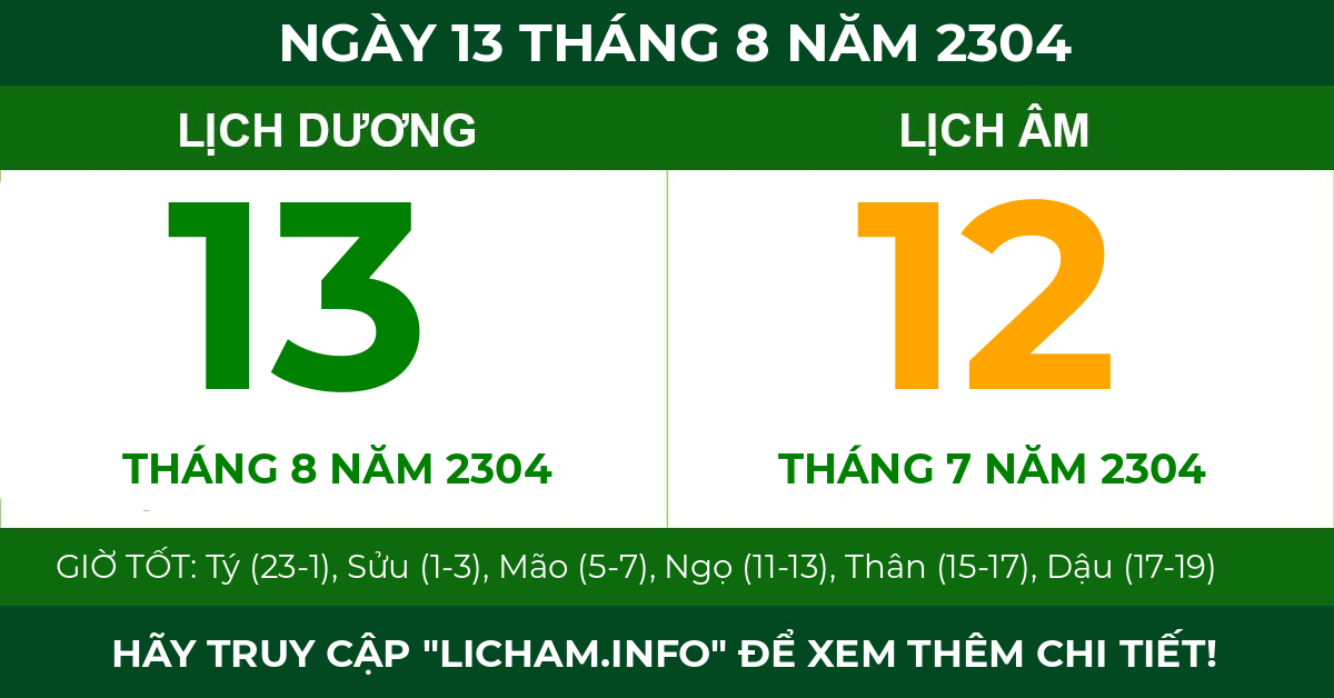 lịch âm ngày 13 tháng 8 năm 2304