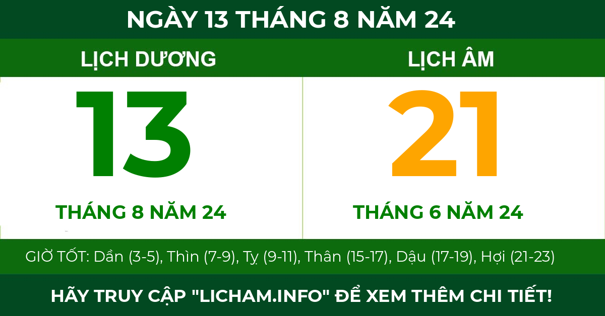 lịch âm ngày 13 tháng 8 năm 24