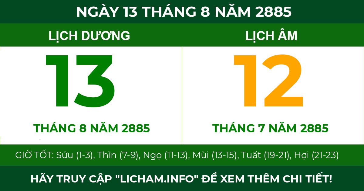 lịch âm ngày 13 tháng 8 năm 2885