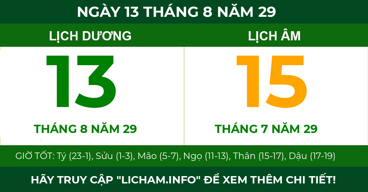 lịch âm ngày 13 tháng 8 năm 29