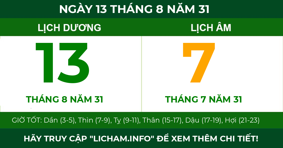 lịch âm ngày 13 tháng 8 năm 31