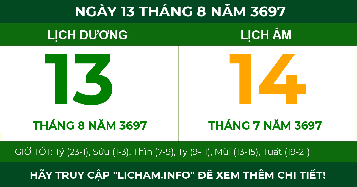lịch âm ngày 13 tháng 8 năm 3697
