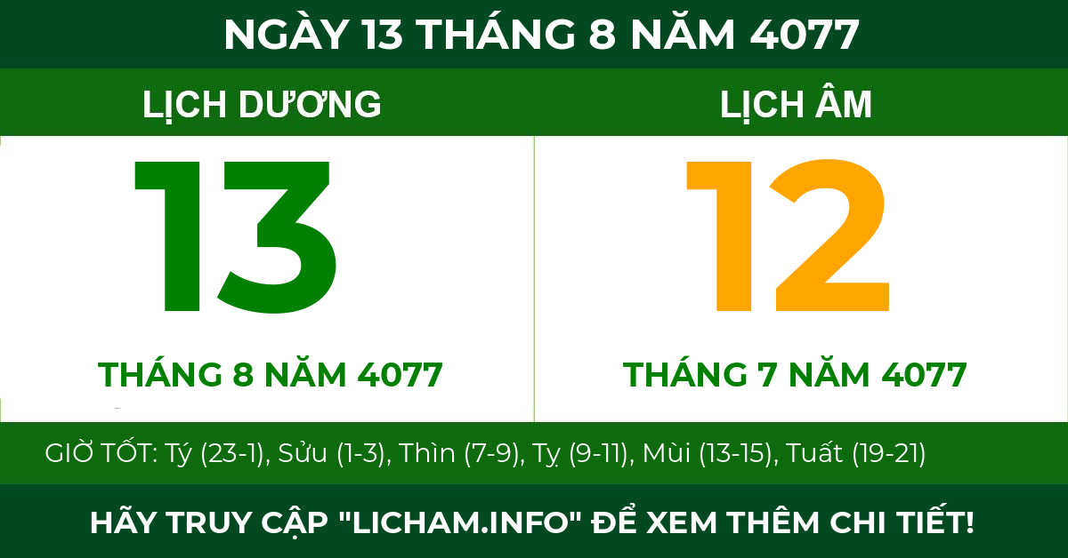 lịch âm ngày 13 tháng 8 năm 4077