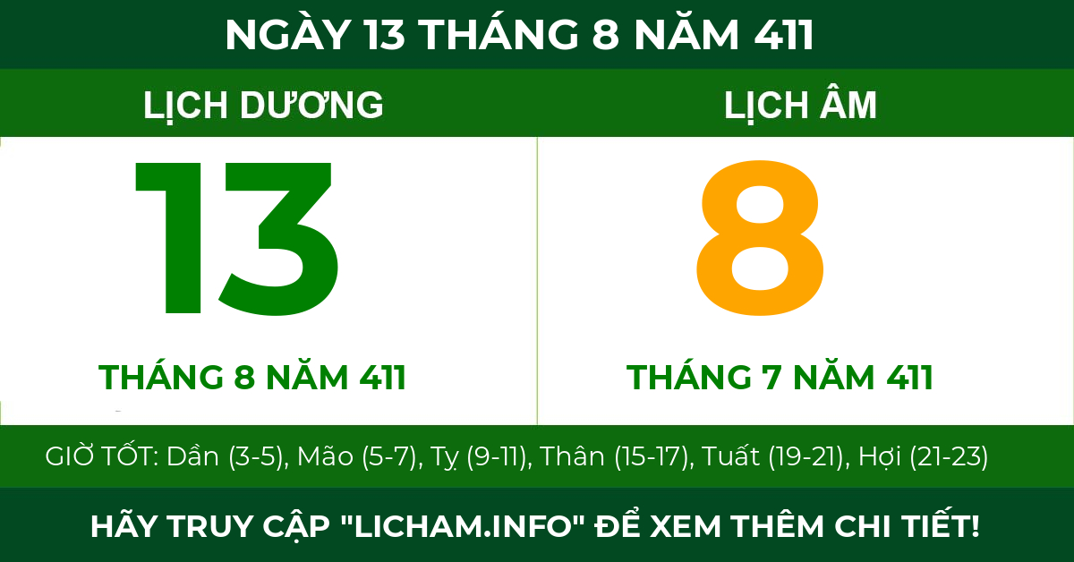 lịch âm ngày 13 tháng 8 năm 411