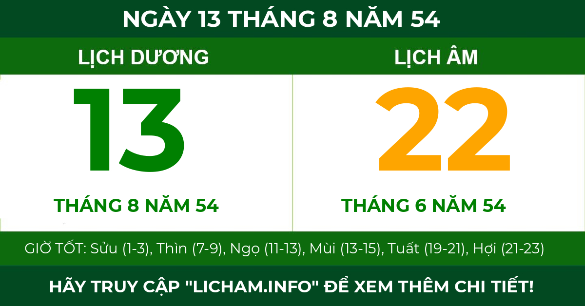 lịch âm ngày 13 tháng 8 năm 54
