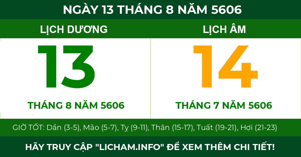 lịch âm ngày 13 tháng 8 năm 5606