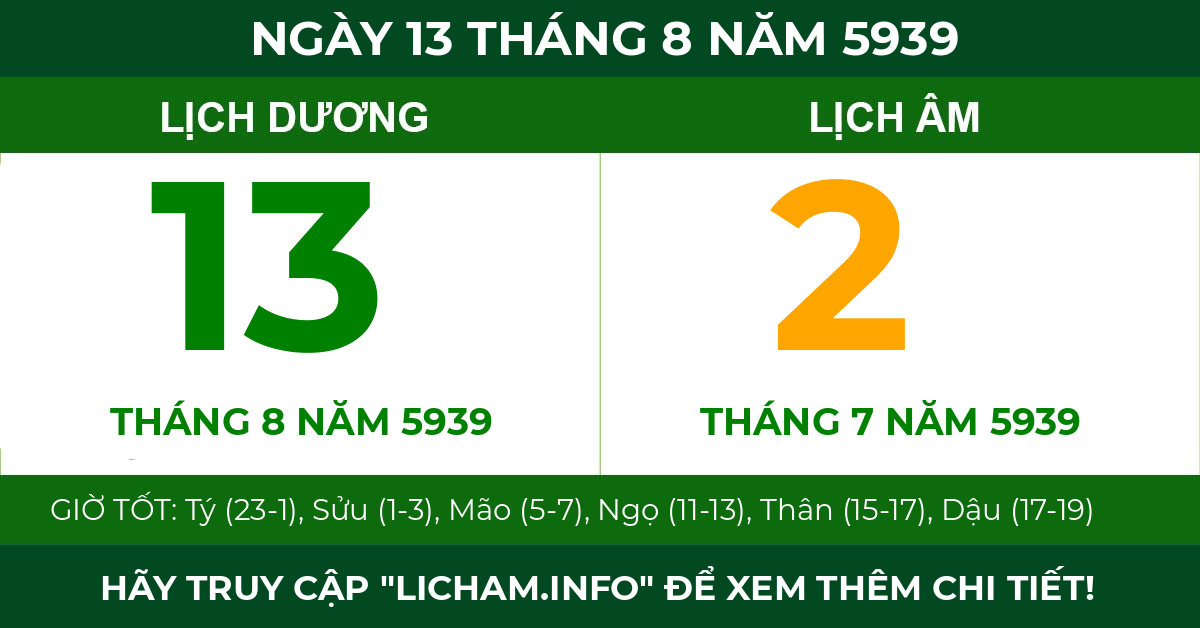 lịch âm ngày 13 tháng 8 năm 5939