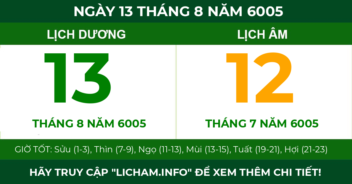 lịch âm ngày 13 tháng 8 năm 6005