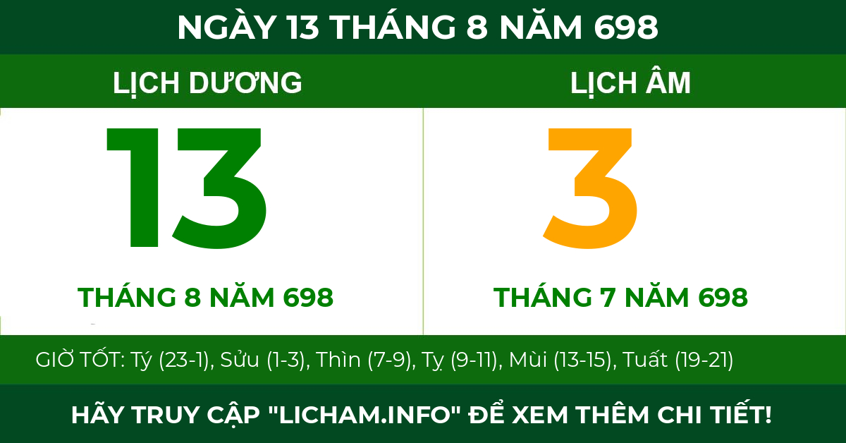 lịch âm ngày 13 tháng 8 năm 698