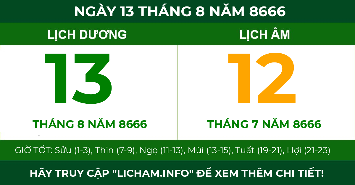 lịch âm ngày 13 tháng 8 năm 8666