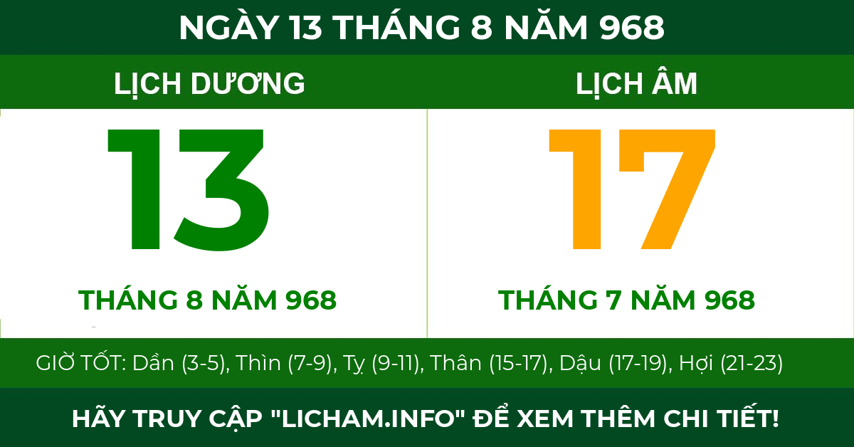 lịch âm ngày 13 tháng 8 năm 968