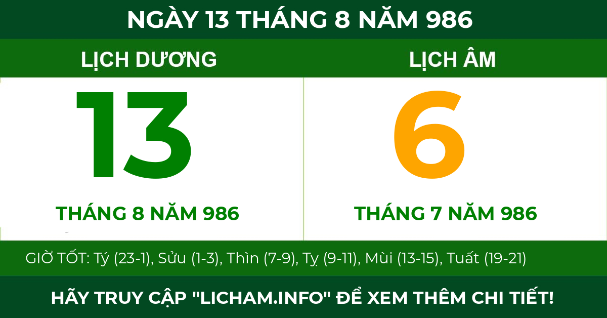 lịch âm ngày 13 tháng 8 năm 986