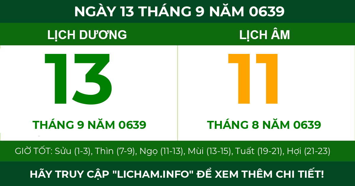 lịch âm ngày 13 tháng 9 năm 0639