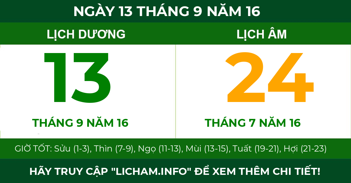 lịch âm ngày 13 tháng 9 năm 16