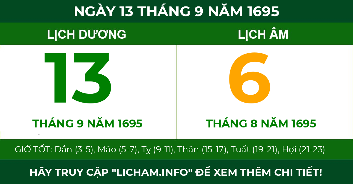 lịch âm ngày 13 tháng 9 năm 1695