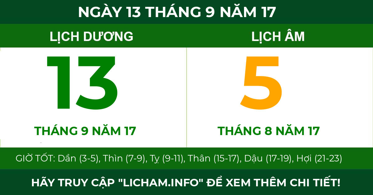 lịch âm ngày 13 tháng 9 năm 17