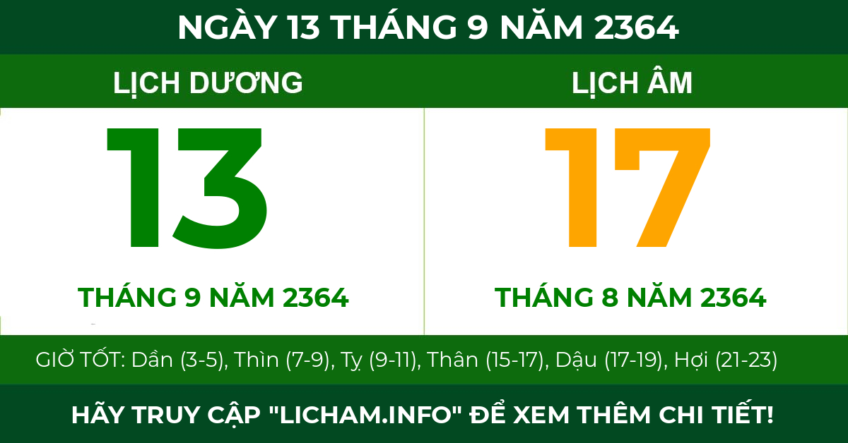 lịch âm ngày 13 tháng 9 năm 2364