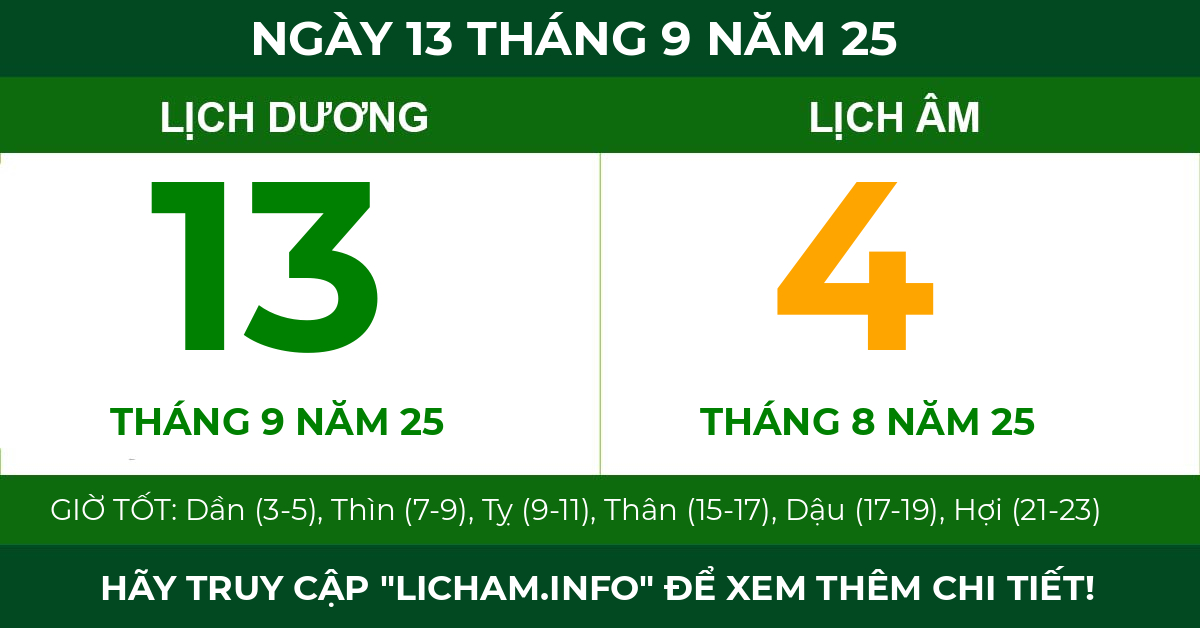 lịch âm ngày 13 tháng 9 năm 25