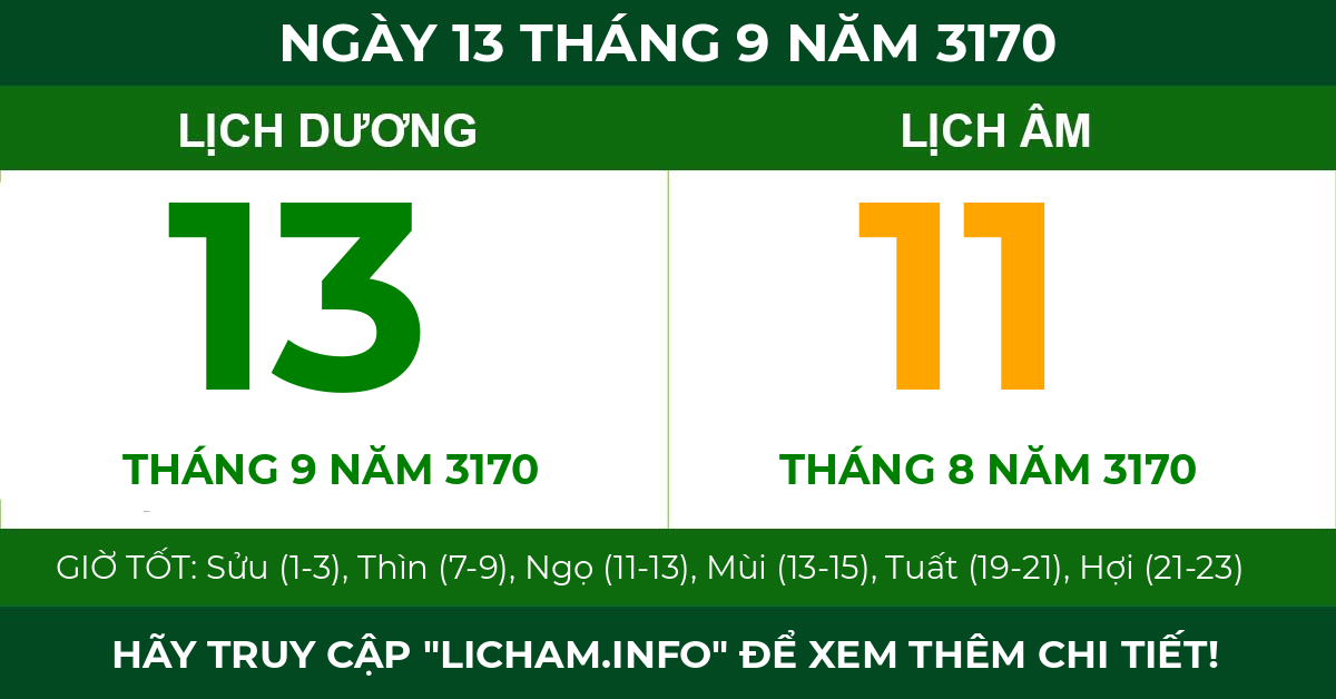 lịch âm ngày 13 tháng 9 năm 3170