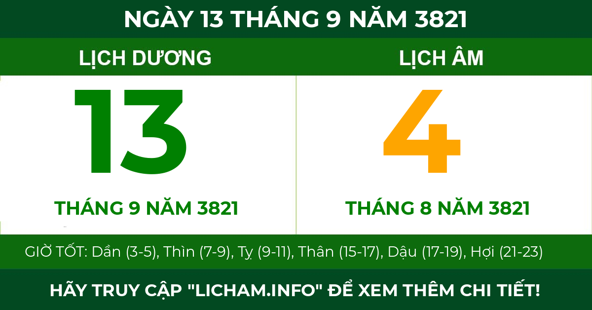 lịch âm ngày 13 tháng 9 năm 3821