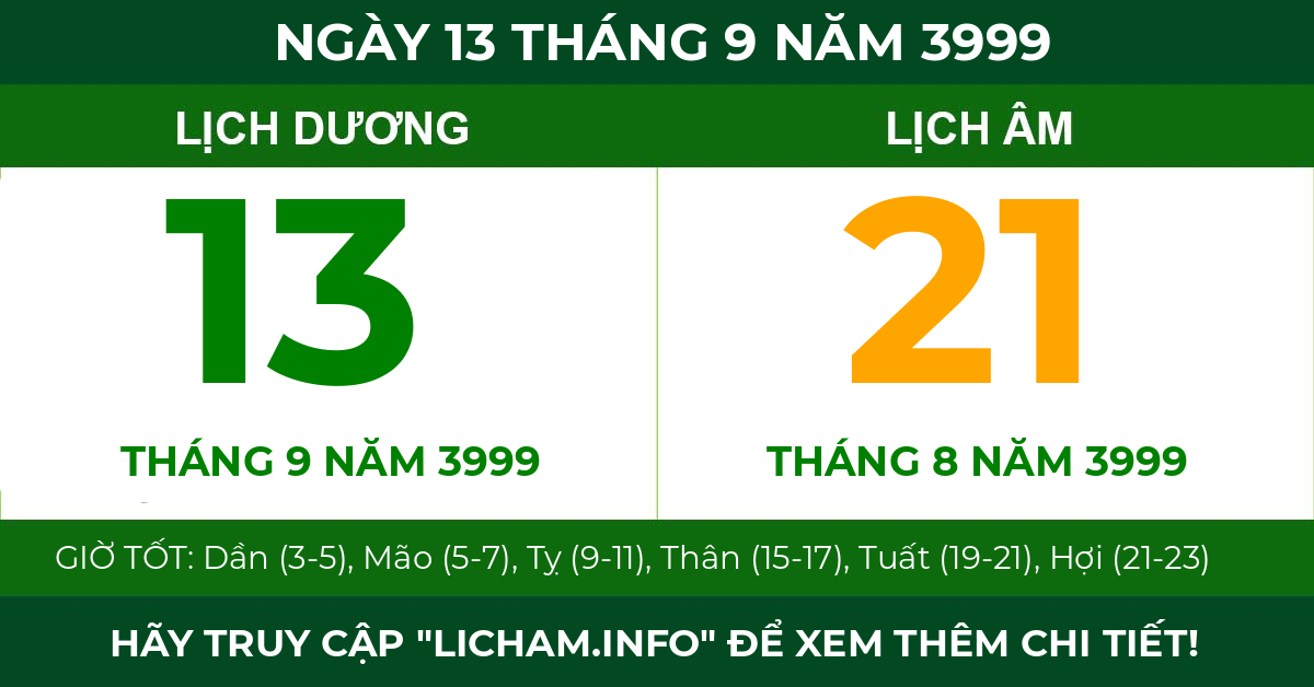 lịch âm ngày 13 tháng 9 năm 3999