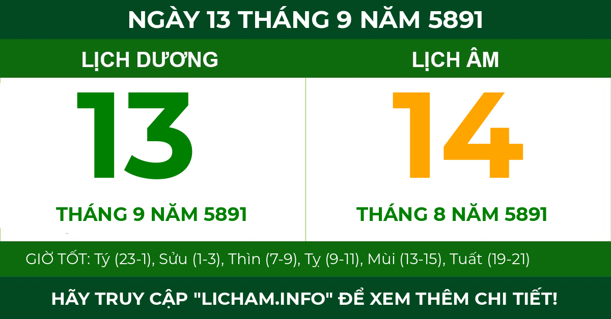lịch âm ngày 13 tháng 9 năm 5891