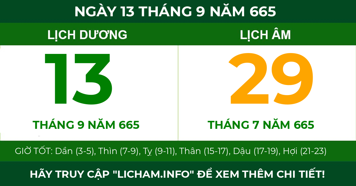 lịch âm ngày 13 tháng 9 năm 665