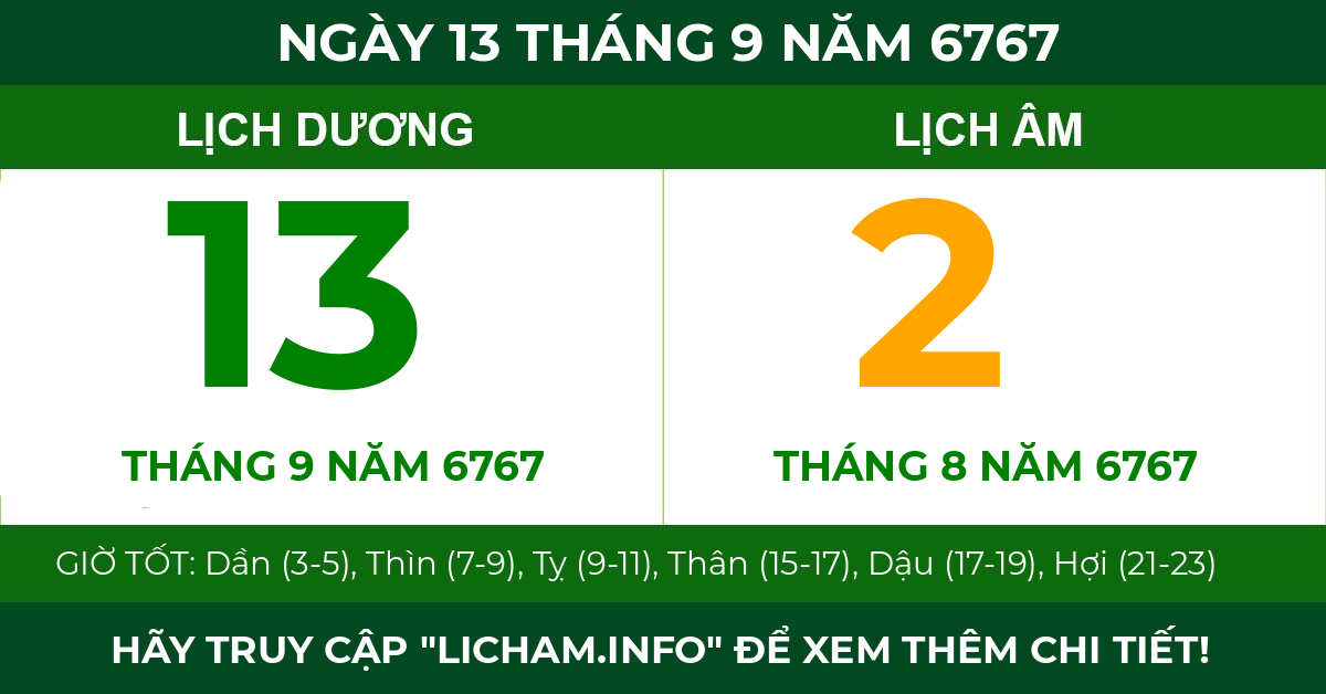 lịch âm ngày 13 tháng 9 năm 6767