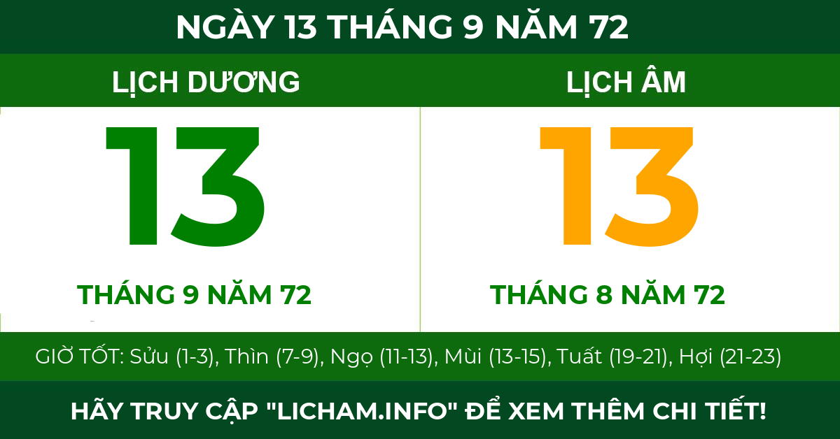 lịch âm ngày 13 tháng 9 năm 72