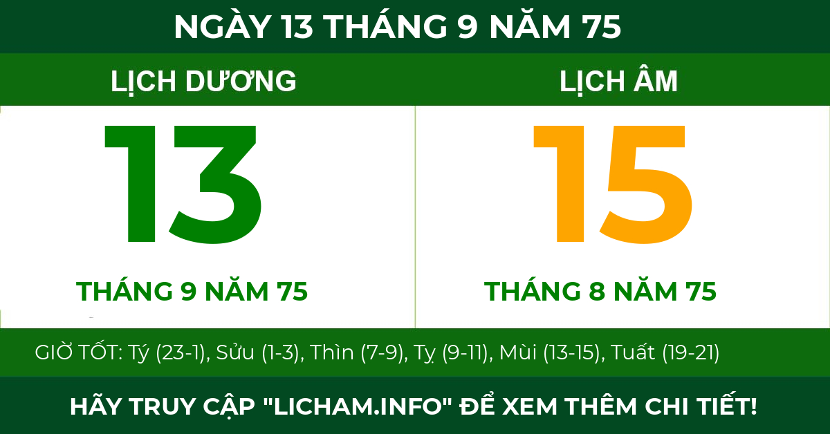 lịch âm ngày 13 tháng 9 năm 75