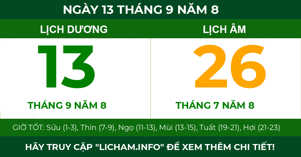 lịch âm ngày 13 tháng 9 năm 8