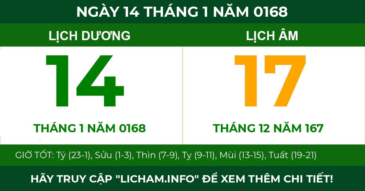 lịch âm ngày 14 tháng 1 năm 0168